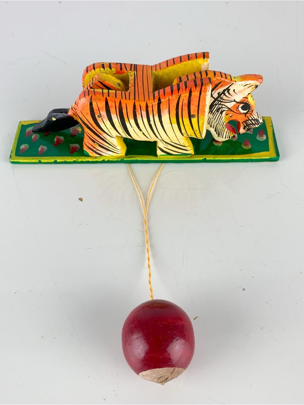Vintage Wooden Tiger & Ball Toy Wooden Hand Made & Painted Colorful Folk Art